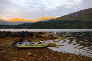 A calm morning - boat camping on Loch Etive with my trusty Avon inflatable in the foreground