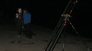 Katie, Michael and Bonnie fishing on a fine October night, Whitesands Beach near Dunbar