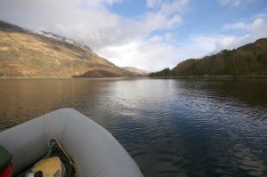 Taking the inflatable well up Loch Leven and near the narrows