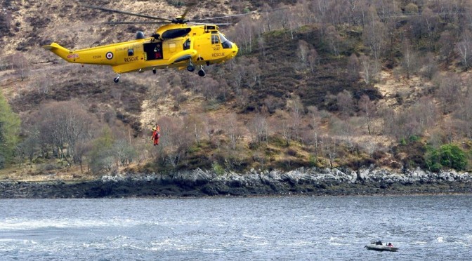 RAF ASR helicopter rescuing a kayak angler