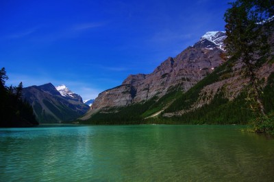 Blue skies and emerald green water