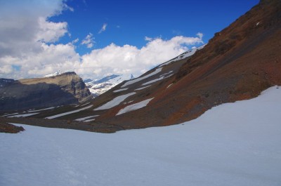 Bare rock and snow at the crest of Snowbird