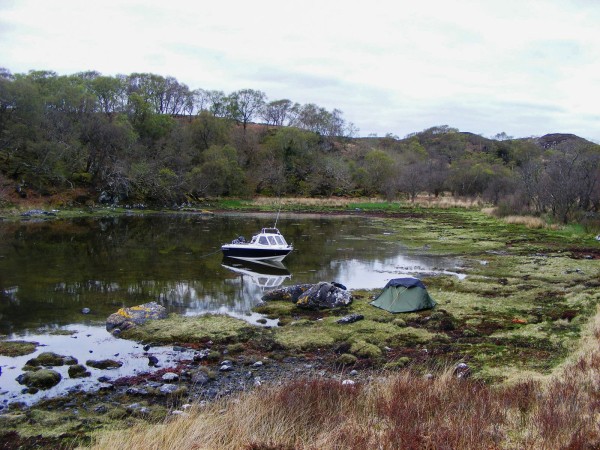 Boat camping in a sheltered inlet, Oronsay, Loch Sunart