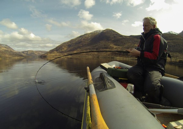 Playing a thornback ray from my inflatable, Loch Leven