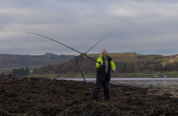 Launching a mackerel bait in search of spurdog on Loch Etive.