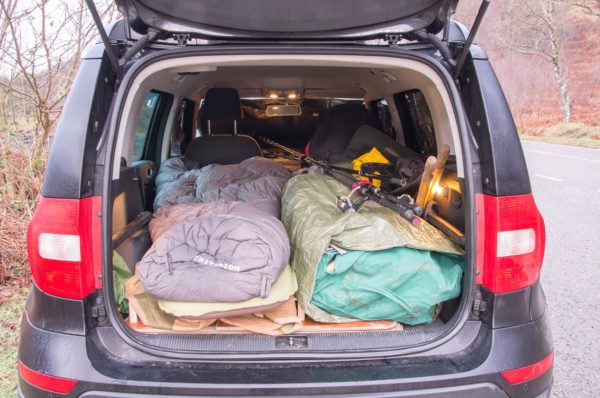 Squeezing my inflatable boat, outboard, fishing gear and a sleeping bag into the back of a Yeti. It's surprisingly comfortable.