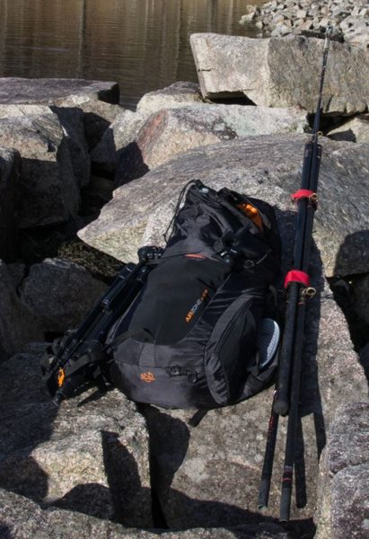 A pair of rods and all my camera and fishing gear packed into a 30 litre rucksac - it pays to travel light when hiking to a distant fishing mark