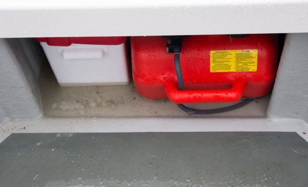 View of battery, fuel tank and overflowing bilge area (it rained heavily all day)