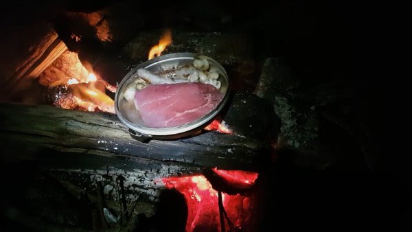 Steak and mushrooms over the campfire. Treat and a half!