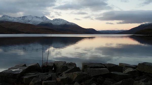 Early morning - calm, cold and clear on Loch Etive as I watch my rods for a sign of fish biting