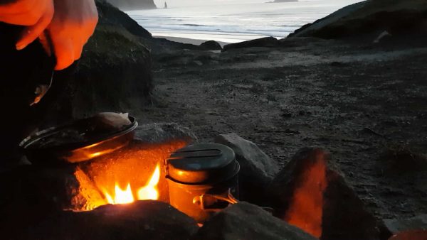 Dinner eaten and a single malt awaits as dusk falls over my camp, Sandwood beach.