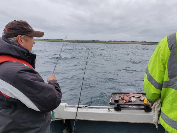 Ian and Trevor fishing for codling from Ian Raider boat on an overcast and windy day at St Andrews.