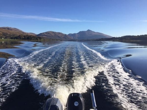 Our wake disturbs the calm waters of Loch Etive as we motor down towards the lower loch, late October 2018