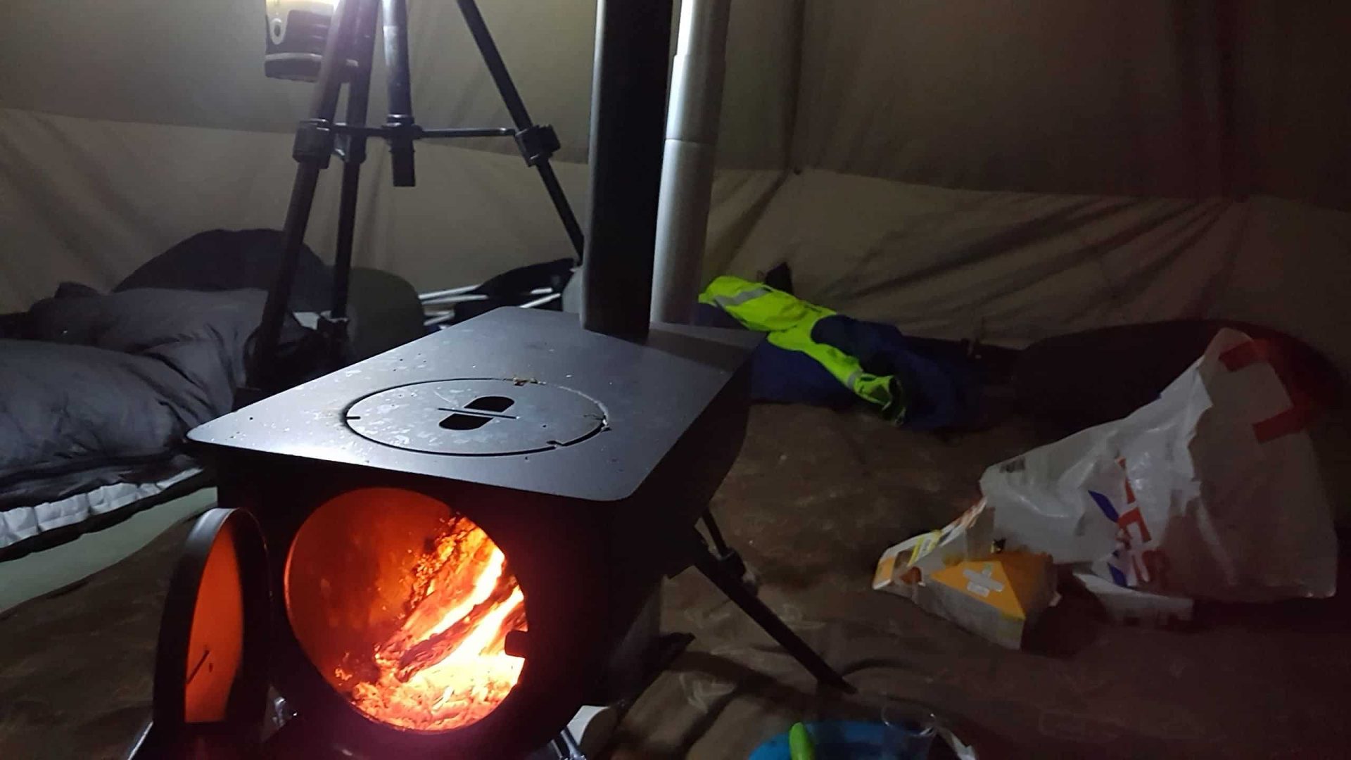 The woodburner proved almost too hot for us, and certainly heated the tent