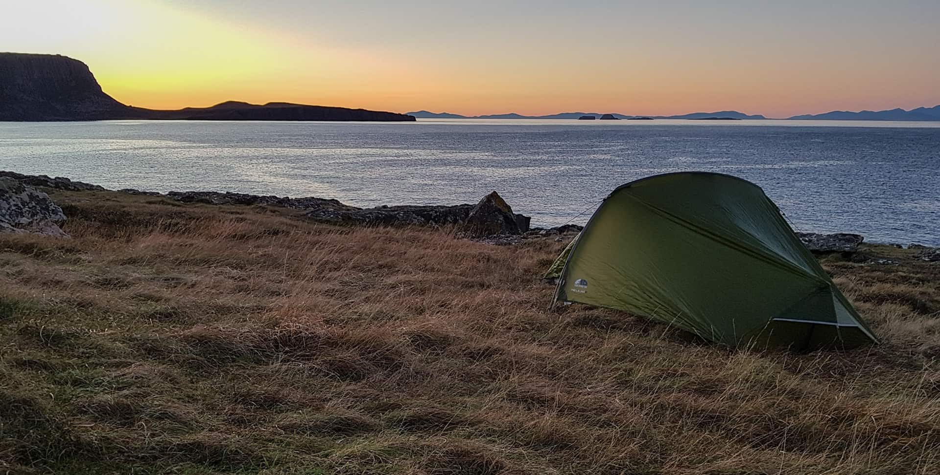 Room with a view, my tent perched near the shoreline on the northern edge of Skye