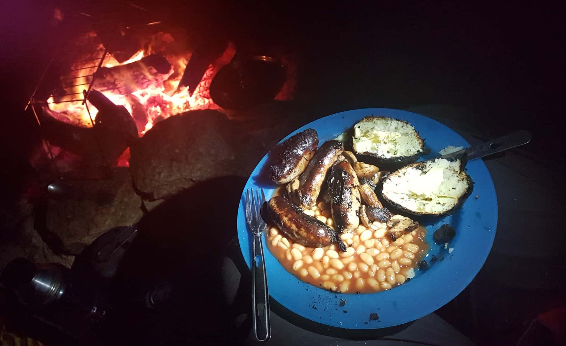 Basic, but most welcome. Sausages, baked potatoes and beans cooked under the stars and over an open campfire on New Year's Day 2019