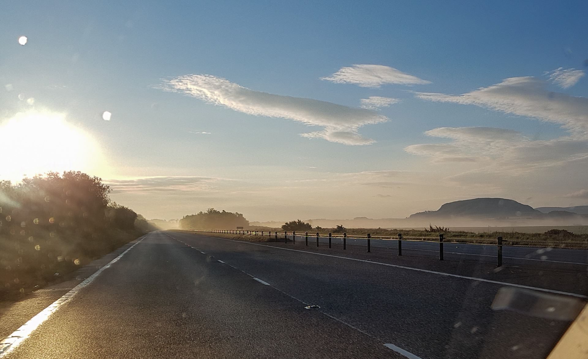 A fine morning towing my boat along a very queit A1 with a few early mist patches