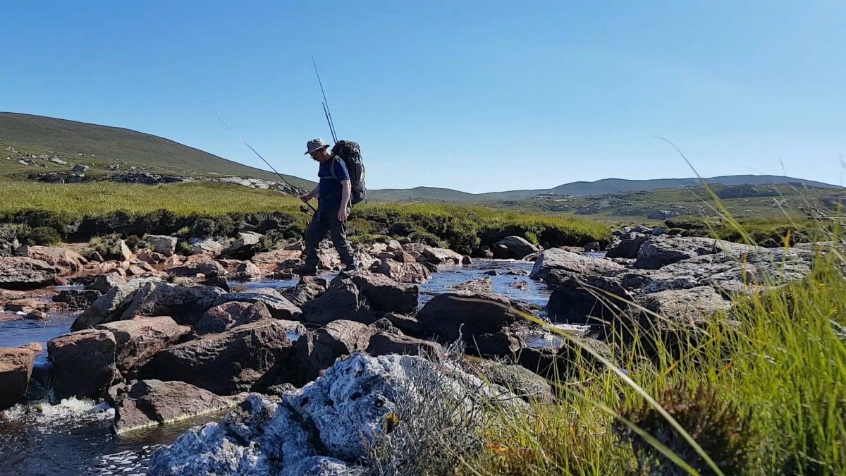 Crossing the rocky burn Strath Chailleach, between Sandwood Bay and Cape Wrath, NW Scotland