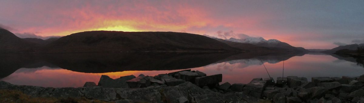 Just before sunrise, with my rods sitting over a calm Loch Etive and a snow covered Ben Cruachan in the background